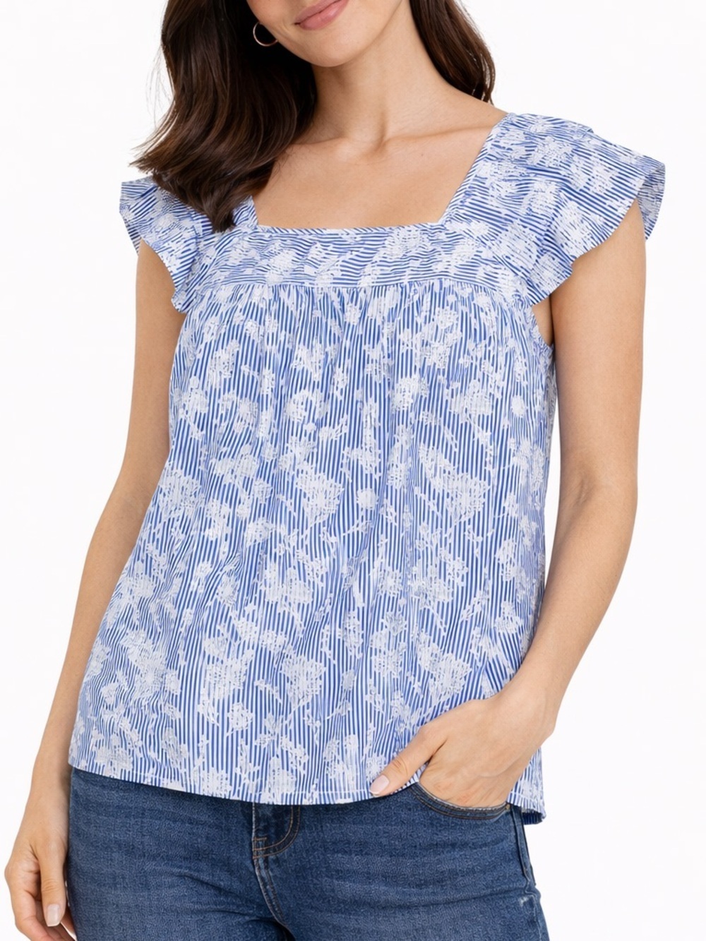 Liverpool Los Angeles Blue Short Sleeve Blouse Floral and  Striped Size XS
